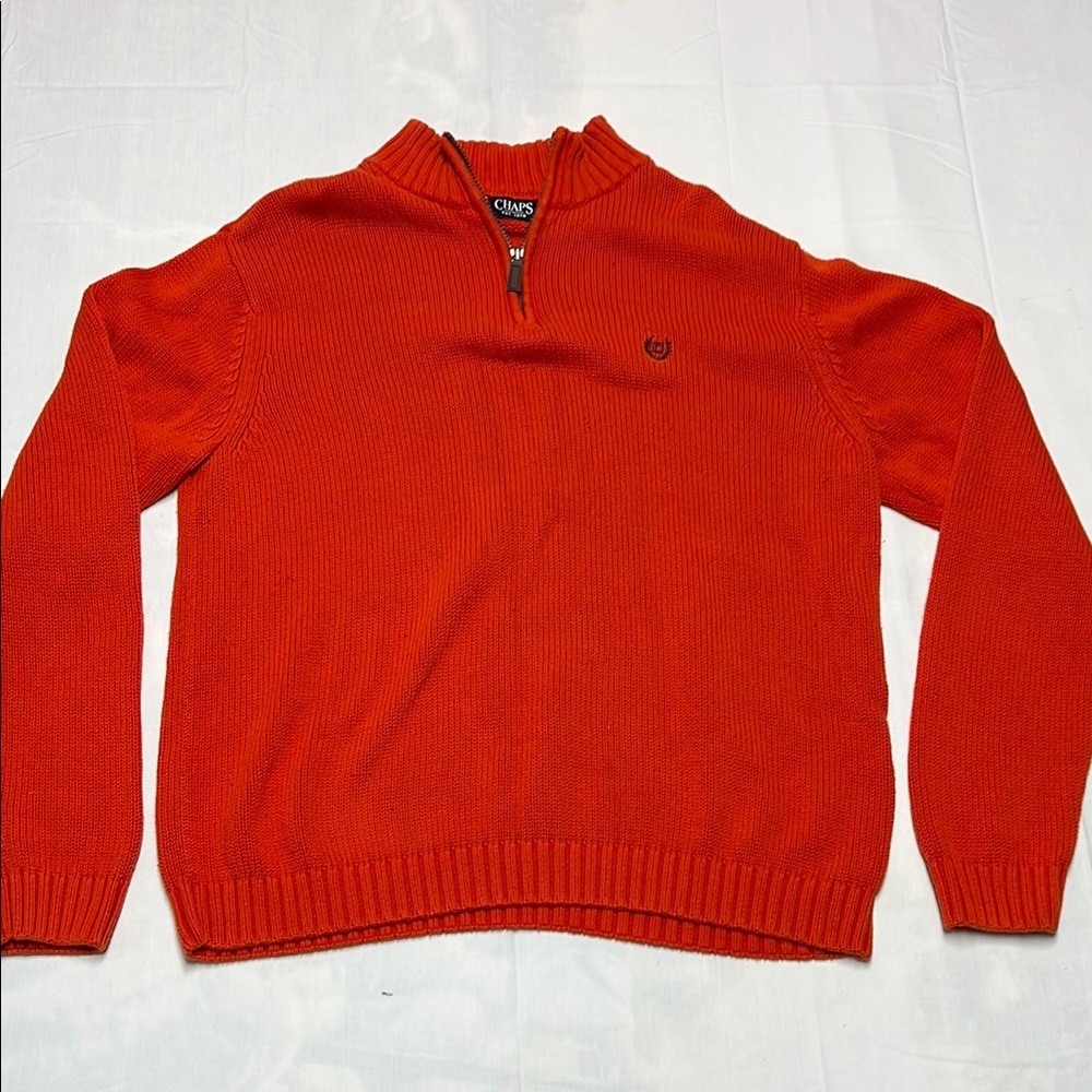 Chaps Mens quarter zip pull over sweater size large 100% cotton orange preppy